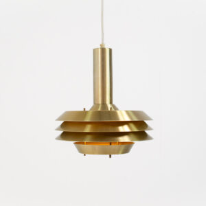 Brass colored Model 705 pendant light by Lyskaer (Denmark, 1970s).This space age beauty contains 4 aluminium shades with a brass colored exterior.Newly rewired and in very good condition.