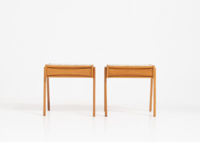 Pair of oak nightstands with mosaic tiles (Denmark, 1970s). They have a very minimalistic design and one shelve with beautiful inset handles. The top is covered with mosaic tiles which gives them a funky look. In very good condition.