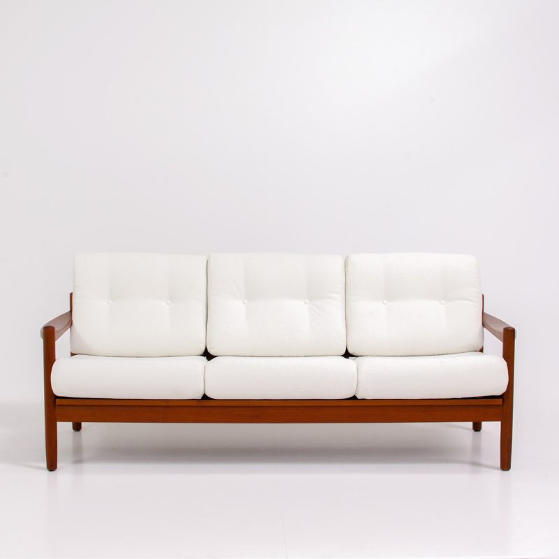 danish teak sofa easy chair white boucle upholstery