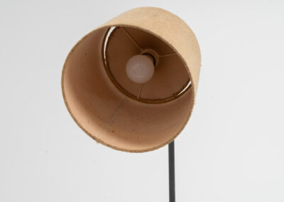 “Variant” floor lamp by Jo Hammerborg for Fog & Mørup (Denmark, 1960s). A very rare model of Fog & Mørup’s floor lamps with an unusual hessian lamp shade. It gives a very cozy and warm light glow. The lamp is switched on with a foot switch and is adjustable in angle. In good condition with some visible using traces on the metal. Marked by maker.