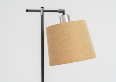 “Variant” floor lamp by Jo Hammerborg for Fog & Mørup (Denmark, 1960s). A very rare model of Fog & Mørup’s floor lamps with an unusual hessian lamp shade. It gives a very cozy and warm light glow. The lamp is switched on with a foot switch and is adjustable in angle. In good condition with some visible using traces on the metal. Marked by maker.