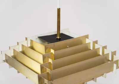 Stunning Pyramid pendant light by Hans Følsgaard for Følsgaard A/S (Denmark, 1970s). It is made out of brass colored aluminium slats that are pushed together. In very good condition & newly rewired.