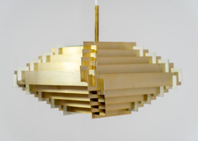 Stunning Pyramid pendant light by Hans Følsgaard for Følsgaard A/S (Denmark, 1970s). It is made out of brass colored aluminium slats that are pushed together. In very good condition & newly rewired.