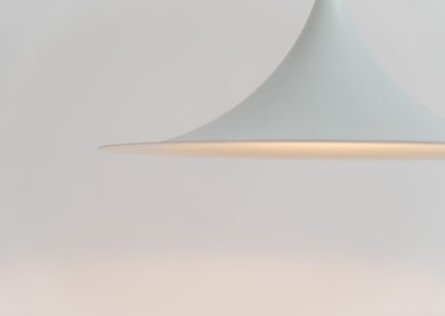 Early ‘model Semi’ pendant light by Claus Bonderup & Thorsten Thorup for Fog & Mørup (Denmark, 1960s).A well known and very timeless design that find its way in any setting. With its 70 cm in diameter, this white lacquered aluminium shade is huge.In very good condition with a few age marks.