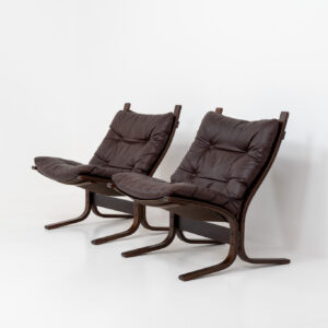 Pair of “Siesta” lounge chairs by Ingmar Relling for Westnofa (Norway, 1960s). One of the most comfortable chairs we have ever sat in! Made with leather and bentwood. The leather is still original and in amazing condition! Can be sold separately if requested.