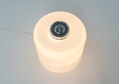 Stunning Spage Age Murano Table lamp (Italy, 1970s). An amazing Space Age piece made out of metal & Murano glass. Inside the glass are three lightbulbs that are easily replaceable. In very good condition!