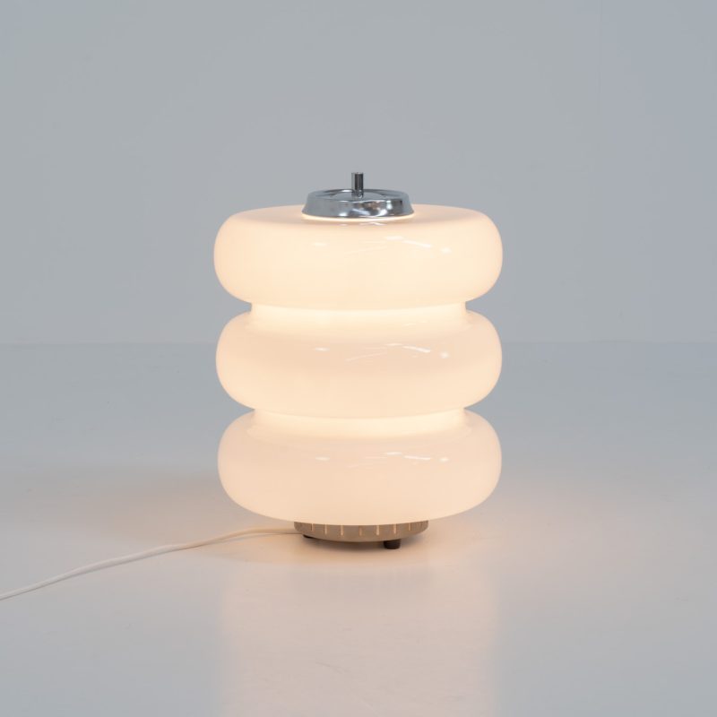 Stunning Spage Age Murano Table lamp (Italy, 1970s). An amazing Space Age piece made out of metal & Murano glass. Inside the glass are three lightbulbs that are easily replaceable. In very good condition!