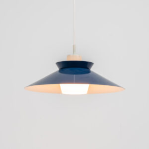 Mid-century opaline glass pendant light (Denmark, 1960s). A beautiful and simple lamp made out of an opaline glass body and an aluminium lamp shade, blue on the outside, white on the inside. In good condition with some signs of age.