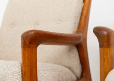 Stunning easy chair by Gustav Thams for A/S Vejen (Denmark, 1960s). The rounded and organic shapes on this one is just impressive. It features a solid teak frame and the original beige upholstery. It seems to us that its not even been used, as the condition of the wood and the fabric is perfect.  