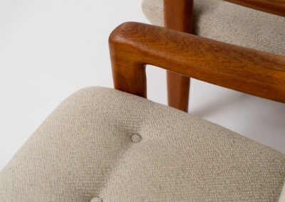 Stunning easy chair by Gustav Thams for A/S Vejen (Denmark, 1960s). The rounded and organic shapes on this one is just impressive. It features a solid teak frame and the original beige upholstery. It seems to us that its not even been used, as the condition of the wood and the fabric is perfect.  