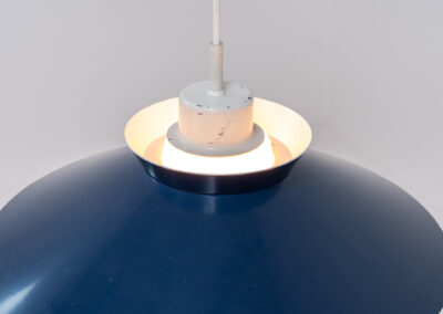 Mid-century opaline glass pendant light (Denmark, 1960s). A beautiful and simple lamp made out of an opaline glass body and an aluminium lamp shade, blue on the outside, white on the inside. In good condition with some signs of age.