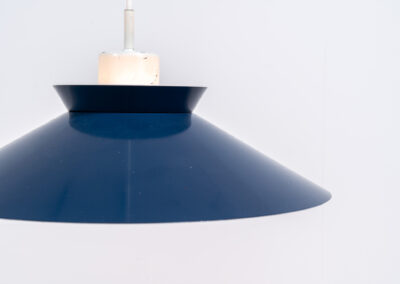 Mid-century opaline glass pendant light (Denmark, 1960s). A beautiful and simple lamp made out of an opaline glass body and an aluminium lamp shade, blue on the outside, white on the inside. In good condition with some signs of age.