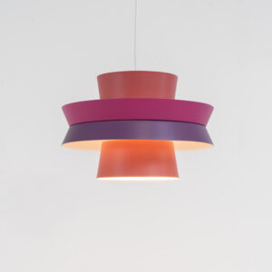 Colourful “Trava” pendant light designed by Carl Thore for Granhaga (Sweden, 1960s). This lamp is surely an eye catcher! It is made out of four aluminium shades laquered in two tints of pink and purple. The lamp is rewired and restored to perfection!