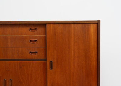 Stunning sideboard in teak by P. Westergaard (Denmark, 1960s). A beautifully crafted piece containing two big sliding doors with lots of storage space, two smaller sliding doors and three drawers. In very good condition!