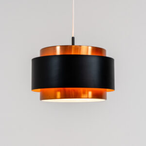Stunning Saturn pendant light by Jo Hammerborg for Fog & Mørup (Denmark, 1960s). A stunning design with a beatutiful contrast between copper and matte black. At the top and the bottom, the lamp is closed by two acrylic plates that create an anti-dazzle and glare-free effect. A high end piece, made with quality materials. In very good condition! It features the original Fog & Mørup lable inside.