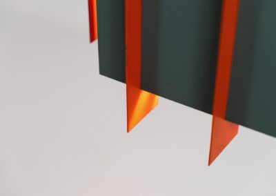Extremely rare “Octagon” pendant light by Lyfa (Denmark, 1960s). What a spectacular piece! It’s made out of multiple steel slats lacquered in orange and grey, which gives an amazing lighting. It looks different from every angle and will probably never bore you! Newly rewired and in splendit condition. It weighs almost 5kg so make sure the ceiling can support it.