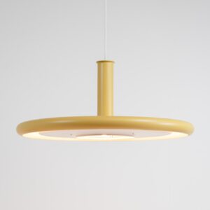 XL “Optima 7” pendant lamp by Hans Due for Fog & Mørup (Denmark - 1970s). What a piece.. this is the largest version of the Optima series, a timeless yet very remarkable space age design by Hans Due. Its lacquered in a soft yellow and has a small red inner ring on the inside. It’s fully restored and in splendid condition!