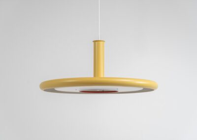 XL “Optima 7” pendant lamp by Hans Due for Fog & Mørup (Denmark - 1970s). What a piece.. this is the largest version of the Optima series, a timeless yet very remarkable space age design by Hans Due. Its lacquered in a soft yellow and has a small red inner ring on the inside. It’s fully restored and in splendid condition!