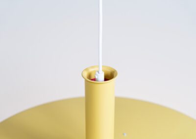 XL “Optima 7” pendant lamp by Hans Due for Fog & Mørup (Denmark - 1970s). What a piece.. this is the largest version of the Optima series, a timeless yet very remarkable space age design by Hans Due. Its lacquered in a soft yellow and has a small red inner ring on the inside. It’s fully restored and in splendid condition!