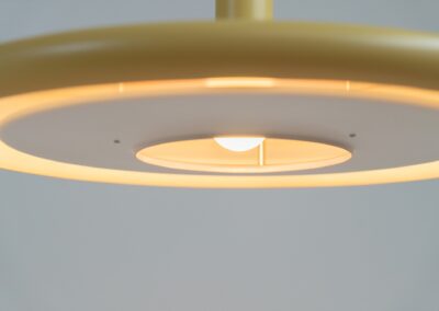 XL “Optima 7” pendant lamp by Hans Due for Fog & Mørup (Denmark - 1970s). What a piece.. this is the largest version of the Optima series, a timeless yet very remarkable space age design by Hans Due. Its lacquered in a soft yellow and has a small red inner ring on the inside. It’s fully restored and in splendid condition!