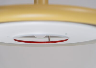 XL “Optima 7” pendant lamp by Hans Due for Fog & Mørup (Denmark - 1970s). What a piece.. this is the largest version of the Optima series, a timeless yet very remarkable space age design by Hans Due. Its lacquered in a soft yellow and has a small red inner ring on the inside. It’s fully restored and in splendid condition!