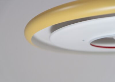 XL “Optima 7” pendant lamp by Hans Due for Fog & Mørup (Denmark - 1970s). What a piece.. this is the largest version of the Optima series, a timeless yet very remarkable space age design by Hans Due. Its lacquered in a soft yellow and has a small red inner ring on the inside. It’s fully restored and in splendid condition!