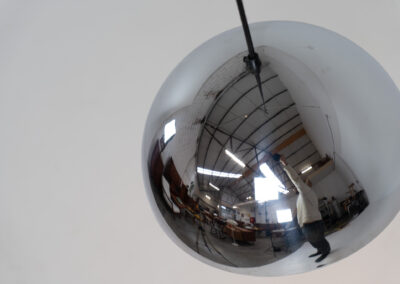 Stunning “Milieu” pendant light by Jo Hammerborg for Fog & Mørup (Denmark, 1960s). The condition of this piece is just amazing! It’s made out of a chrome lamp shade and deep orange metal light diffusers. Beautiful lighting, beautiful design and splendid original condition.