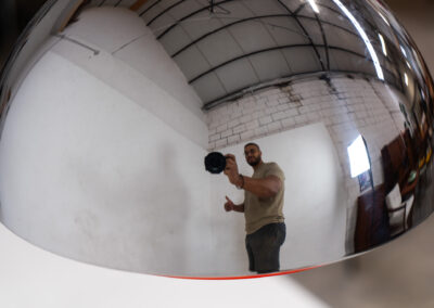 Stunning “Milieu” pendant light by Jo Hammerborg for Fog & Mørup (Denmark, 1960s). The condition of this piece is just amazing! It’s made out of a chrome lamp shade and deep orange metal light diffusers. Beautiful lighting, beautiful design and splendid original condition.