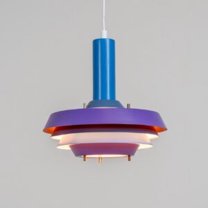 Model 705 pendant light by Lyskaer (Denmark, 1960s). This space age beauty contains 4 aluminium shades, lacquered in blue, purple and an orange interior. Newly rewired and restored to perfection.