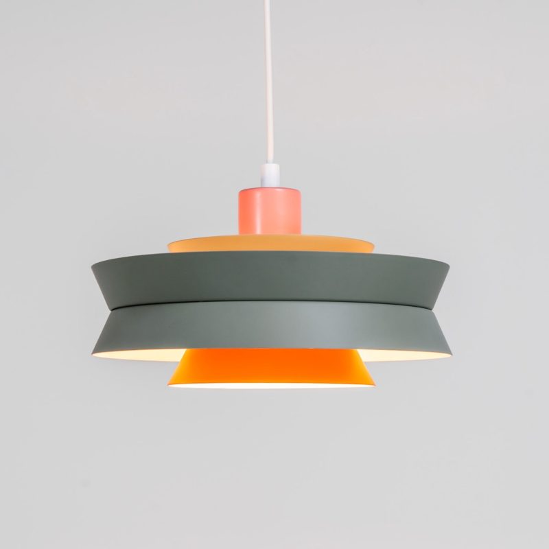 Colourful “Trava” pendant light designed by Carl Thore for Granhaga (Sweden, 1960s). This lamp is surely an eye catcher! It is made out of four aluminium shades laquered in of pink, grey and orange. The lamp is rewired and restored to perfection!