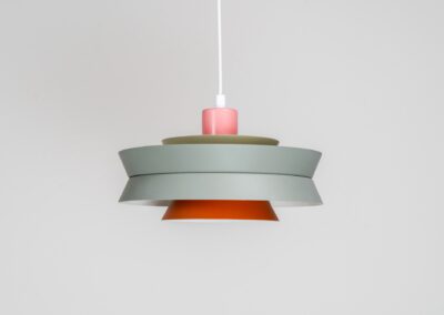 Colourful “Trava” pendant light designed by Carl Thore for Granhaga (Sweden, 1960s). This lamp is surely an eye catcher! It is made out of four aluminium shades laquered in of pink, grey and orange. The lamp is rewired and restored to perfection!