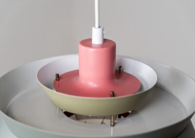 Colourful “Trava” pendant light designed by Carl Thore for Granhaga (Sweden, 1960s). This lamp is surely an eye catcher! It is made out of four aluminium shades laquered in of pink, grey and orange. The lamp is rewired and restored to perfection!
