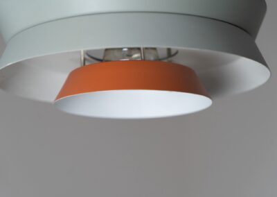 Colourful “Trava” pendant light designed by Carl Thore for Granhaga (Sweden, 1960s). This lamp is surely an eye catcher! It is made out of four aluminium shades laquered in of pink, grey and orange. The lamp is rewired and restored to perfection!