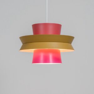 Colourful “Trava” pendant light designed by Carl Thore for Granhaga (Sweden, 1960s). This lamp is surely an eye catcher! It is made out of four aluminium shades laquered in two tints of pink, ocher yellow and an orange interior. The lamp is rewired and restored to perfection!
