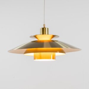 Brass colored pendant light by Frandsen (Denmark, 1970s). A beautiful lamp made out of four aluminium shades with a brass colored exterior. Newly rewired and in very good condition. Labeled by maker.