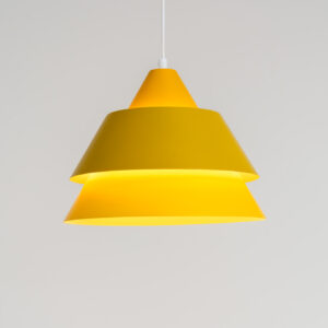 “Zone” pendant light by Jo Hammerborg for Fog & Mørup (Denmark, 1960s). What a beauty… This Zone pendel, made out of yellow lacquered aluminium is surely an eyecatcher! This example is fully restored and in perfect condition.