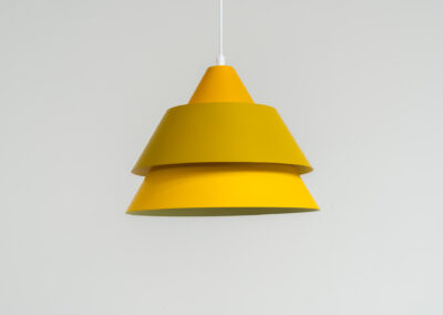 “Zone” pendant light by Jo Hammerborg for Fog & Mørup (Denmark, 1960s). What a beauty… This Zone pendel, made out of yellow lacquered aluminium is surely an eyecatcher! This example is fully restored and in perfect condition.