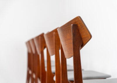 Set of 6 teak dining chairs by Erik Buch for Funder-Schmidt & Madsen (Denmark, 1950s). Durable Danish quality and a beautiful design, made out of teak. They have nice organic lines and the typical floating seats. The chairs are fully restored and newly upholstered in a grey fabric. Ready for another lifetime. Burn marked by maker.