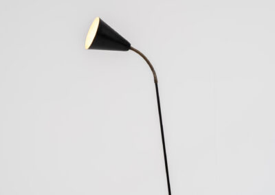 A grasshopper floorlamp by Svend Aage Holm Sørensen for ASEA (Sweden, 1950s). A contemporary and subtle piece with some beautiful details like the brass little feet or the brass joint which can be used to adjust the shade. It is newly rewired for safety reasons, furthermore it is in original condition. There are clearly traces of use and age, like some dents and scratches. We love it in this vintage condition but it can be refinished on request.