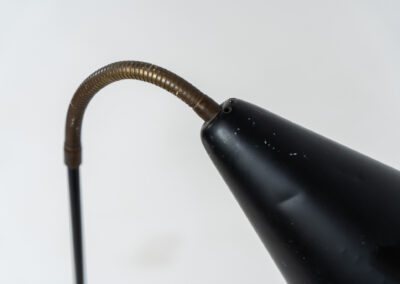 A grasshopper floorlamp by Svend Aage Holm Sørensen for ASEA (Sweden, 1950s). A contemporary and subtle piece with some beautiful details like the brass little feet or the brass joint which can be used to adjust the shade. It is newly rewired for safety reasons, furthermore it is in original condition. There are clearly traces of use and age, like some dents and scratches. We love it in this vintage condition but it can be refinished on request.