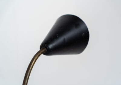 A grasshopper floorlamp by Svend Aage Holm Sørensen for ASEA (Sweden, 1950s). A contemporary and subtle piece with some beautiful details like the brass little feet or the brass joint which can be used to adjust the shade. It is newly rewired for safety reasons, furthermore it is in original condition. There are clearly traces of use and age, like some dents and scratches. We love it in this vintage condition but it can be refinished on request.