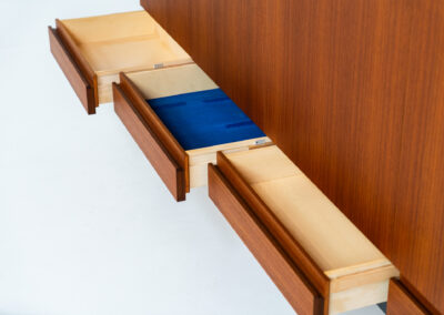 Iconic B60 sideboard in teak by Dieter Wäckerlin for Behr (Germany, 1950s). This highly sought after and significant “B60” sideboard is a masterful blend of minimalistic design and functional elegance. It’s unbelievable this piece was made in the 50’s and is yet so timeless. It contains four drawers and four doors with a minimal gap between them. The inside offers lots of storage space with adjustable shelves. It is in amazing condition with just one minor repair mark, visible on the pictures.