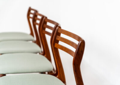 Set of 4 dining chairs by P.E. Jørgensen for Farsö (Denmark, 1960s). These beauties feature a solid teak frame, floating seats newly upholstered in a light green fabric and very elegant shape. They are fully restored and in very good condition! Marked by maker.