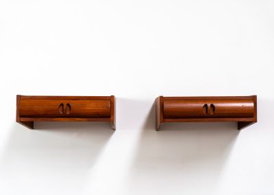 Pair of Danish floating nightstands, 1960s. These elegant nightstands are made out of teak and both feature a small drawer with nice organic inset handles on them. Both in good condition.