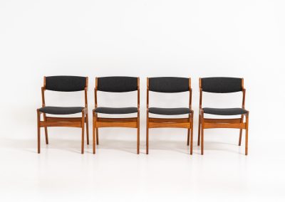 Set of 4 dining chairs by Nova Møbler (Denmark, 1960s). A very unique chair, made of solid teak frames and seats newly upholstered in a dark grey fabric. They are in very good condition and labeled by maker.