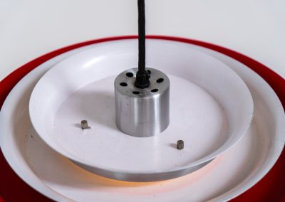 “Trava” pentant light by Carl Thore for Granhaga (Sweden - 1960s). It is made out of aluminum shades with a nice patina.The shades are laquered in a deep red on the inside which gives it a beautiful multicolored and diffused light dispersion. It clearly has some visible traces of age and use, but is overall in very nice vintage condition.