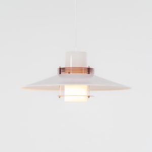 Remarkable pendant light by Lyfa (Denmark, 1970s). A beatiful piece made with a opal glass cone that goes from top to bottom and a white lacquered aluminium shade, finished with some red details. This lamp presents itself in amazingly good condition. It is newly rewired aswell.