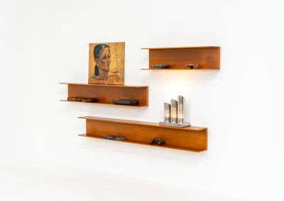 Set of 3 huge wall shelves by Walter Wirz for Wilhelm Renz (Germany, 1965). These iconic U-shaped wall shelves in teak are just stunning. They are sleek, timeless and absolutely beautiful. The shelves remain in very good and original condition. They are labeled.