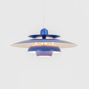Colorful pendant light by EL-Light (Denmark, 1970s). This striking lamp showcases a minimalist, timeless design from the 1970s. Composed of four aluminum shades, the fixture is lacquered in a vivid, still original, blue color. The lamp is restored, rewired and in remarkably good condition!