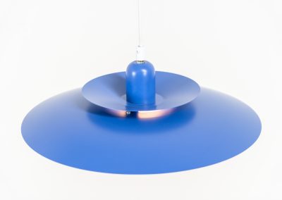Colorful pendant light by EL-Light (Denmark, 1970s). This striking lamp showcases a minimalist, timeless design from the 1970s. Composed of four aluminum shades, the fixture is lacquered in a vivid, still original, blue color. The lamp is restored, rewired and in remarkably good condition!